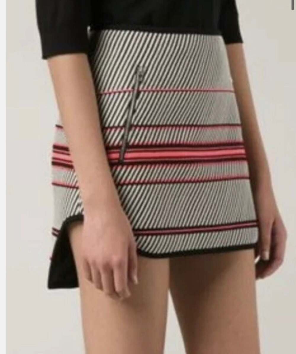rag & bone Bess Woven Striped High-Low Mini Skirt in Black White and Neon Pink